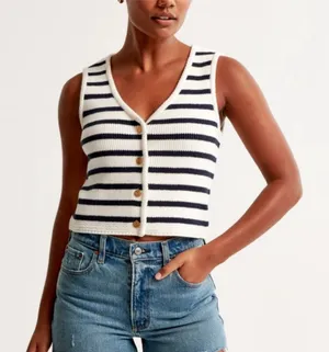 NWT Abercrombie & Fitch‎ Sweater Vest Navy White Striped Knit Button Up XL thumbnail 1
