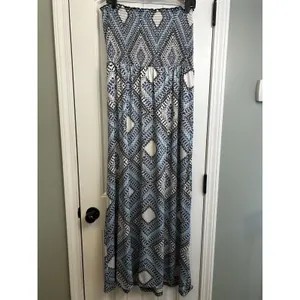 Cato XL Strapless Maxi Dress Blue Black Geometric Smocked Boho Stretch thumbnail 5