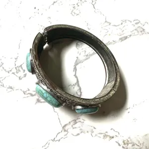 Faux turquoise silver engraved clamper bracelet Blue thumbnail 3