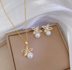 B Jewel Titanium Steel Copper Gold Plated Inlay Flower Zircon Jewelry Set thumbnail 1