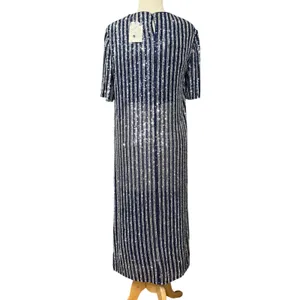 Anthropologie Flat White Sequin Stripe Midi Dress Womens M Blue Evening Cocktail thumbnail 7