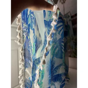 SHEIN Blue White Tropical Floral Sheer Tassel Beach Cover Up Size Large thumbnail 9