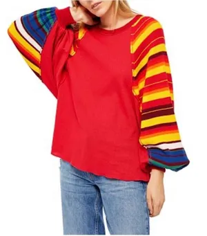 We The Free Found My Friend Rainbow Top Wmn Medium Red Boho Striped Waffle Knit thumbnail 1