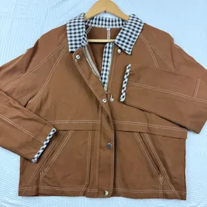 Brown Canvas Utility Jacket Gingham Trim Contrast Stitch Workwear Small thumbnail 9