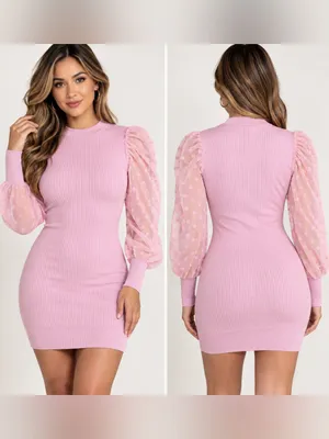 No Comment NY-LA Pink Ribbed Bodycon Sweater Dress Sheer Polka Dot Puff Sleeves thumbnail 2