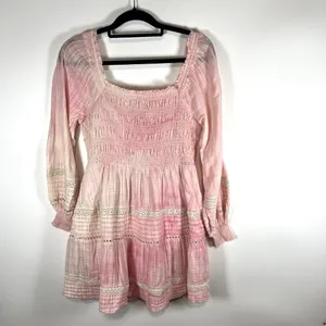American Eagle Womens Pink‎ Tie Dye Smocked Ruffle Cotton Long Sleeve Dress L thumbnail 7