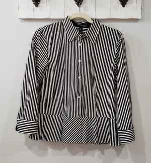 Lauren Ralph Lauren Shirt Womens 10 Black White Stripe Peplum Button Down Top thumbnail 1