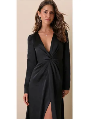 Lulus NWT Endearing Elegance Black Satin Long Sleeve Plunge Maxi Dress Size XS thumbnail 12