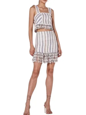 Alexis Vichy Silk Blend Fringe Mini Skirt Neutral Stripe Resort Vacation Size S thumbnail 2