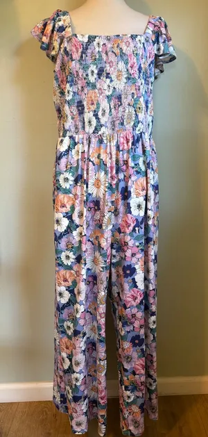 Ekouaer Floral Smocked Jumpsuit XL Purple Pink Wide Leg ruffle NWT cottage boho resort y thumbnail 1