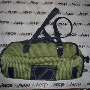The Sak Green Woven Satchel Purse W/ Navy Blue Trim Vintage Boho Style Handbag thumbnail 4
