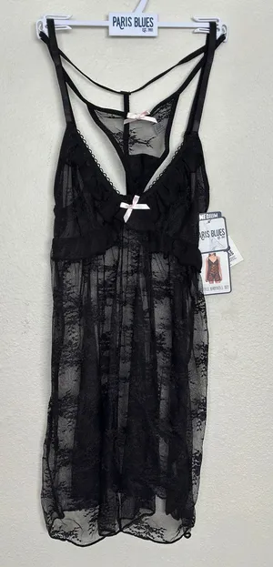 NWT MBlack Lack Babydoll Nightgown Tank Top Chemise w Pink Bow + Matching Thong thumbnail 1