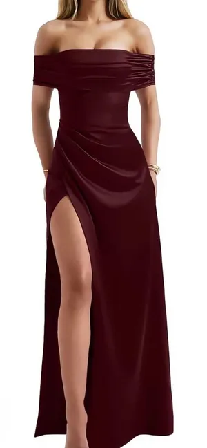 NWOT OYS Medium Maroon Red Elegant Off Shoulder High Split Bodycon Maxi‎ Dress thumbnail 1