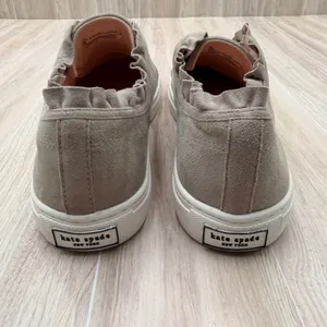 Kate Spade Lance Sneakers Womens 9M Taupe Excellent Ruffle Suede Slip On Shoes thumbnail 4