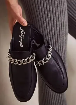 Free People Womens Leather Chain Slip-On Vida‎ Mule Loafers Black Size 37.5 thumbnail 1