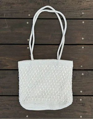 Vintage White Crochet Boho Bag Shoulder Bag Purse Woven Tote Bag thumbnail 1