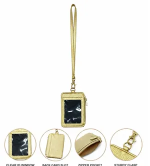 Metallic Gold Lanyard Wallet ID Holder Zipper Pocket Card Slot Slim Neck Strap thumbnail 2
