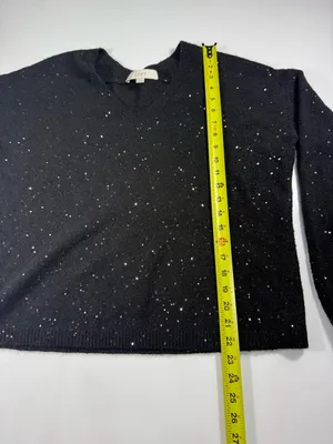 LOFT Black V-Neck Sparkle Knit Sweater thumbnail 3