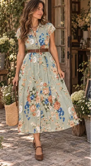 April Cornell Floral Maxi Button Front Short Sleeve Modest Green Dress Large thumbnail 1