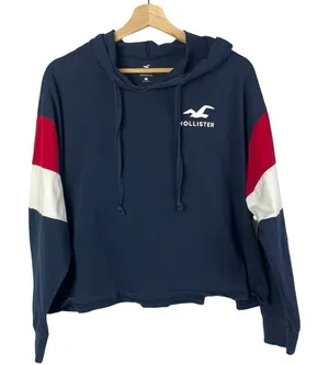 Hollister‎ Navy Blue Cropped Lightweight Boyfriend Hooded Sweatshirt L thumbnail 1