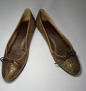 Stuart Weitzman Gold Sequin Ballet Flats with Bow thumbnail 1