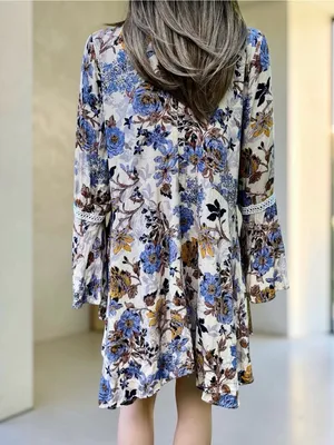 Umgee Floral Boho Tunic Mini Dress Large Bell Sleeve High Low Crochet Trim thumbnail 6