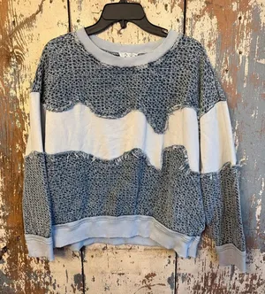 Oli & Hali Mixed Fabric Distressed Crewneck pullover, size small, gray/blue thumbnail 1