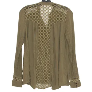Free People Green Lace Button Up Boho Gauze Top Cottage Festival Earthy Small thumbnail 2