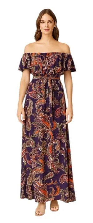 Baltic Born - Off Shoulder Maxi Dress Purple Paisley Sz M thumbnail 1