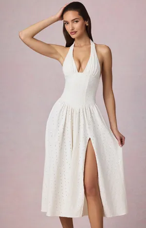 Oh Polly Midi Dress White Farah Broderie Anglaise Halterneck Midaxi Dress in White thumbnail 1