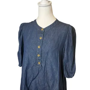 J. Crew Women's Puff-Sleeve Denim Popover Dress Blue Small Cotton Linen Preppy thumbnail 4