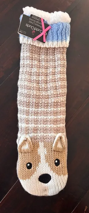 Cuddl Duds Womens Slippers Socks Womens Sherpa Lined Face Eyes Lounge Dog Brown thumbnail 1