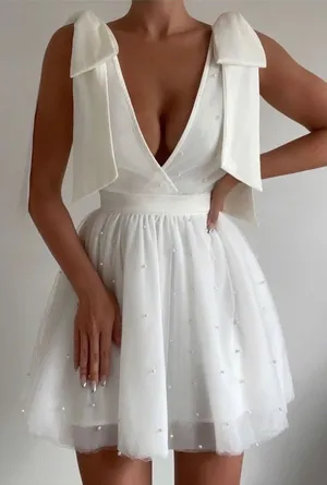 Showpo NWT NWT Karalyn mini dress- bow strap plunge pearl detail size 6 thumbnail 1
