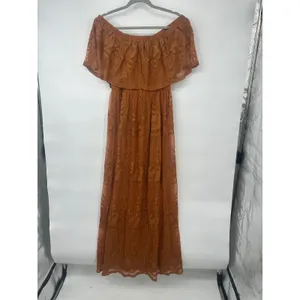 Dress Day Maxi Dress Womens M Copper Brown Lace Off Shoulder Boho Romantic thumbnail 3