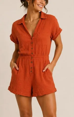 Abercrombie Cotton Gauze Romper Playsuit Womens S Orange Utility Fall Granola thumbnail 1