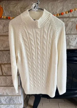 Women's Karen Scott Cable Knit Turtleneck Sweater White Size L thumbnail 1