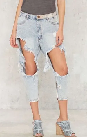 One Teaspoon 23 Kingpins Relaxed Busted Destroyed Zip Crop Slouchy Light Jeans thumbnail 1