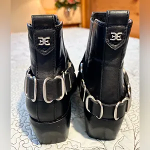 Sam Edelman Bellamie Black Leather Moto Harness Ankle Boots Block Heel Sz 6 💛 thumbnail 8