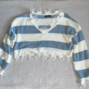 Shein White Blue Stripe Cropped Distressed Sweater Sz Sm thumbnail 1