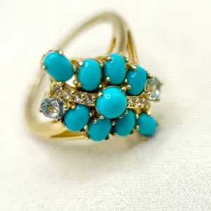 Sleeping Beauty Turquoise White Sky Blue Topaz 18k Yellow Gold Over Silver Ring thumbnail 6
