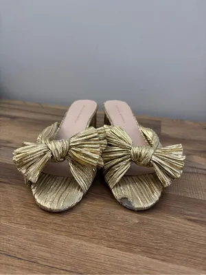 Loeffler Randall Penny Pleated Knotted Bow Heeled Mules Sandals Gold thumbnail 3