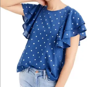 NWT J. Crew Ruffle Flutter Sleeve Metallic Polka Dot Top - foil Indigo Silver thumbnail 10