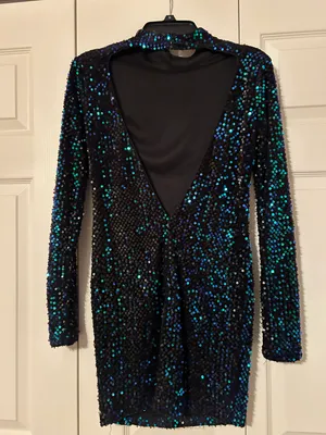 Black Iridescent Sequin Long Sleeve Open Back Dress thumbnail 2