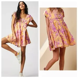 Free People dress Sully NEW floral blooms pink orange sunshine combo lined thumbnail 4