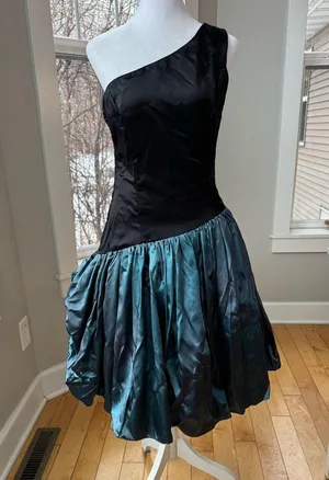 Vintage 80’s Black Teal Satin One Shoulder Prom Dress Sz Small thumbnail 7