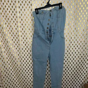 Blashe Denim jumpsuit romper broken zipper tube top skinny jeans size L thumbnail 3