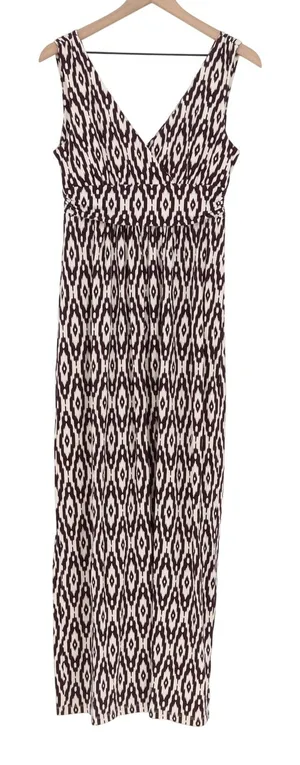 LOFT Maxi Dress Women's S Geometric Ikat Plum Cream Empire Waist Sleeveless thumbnail 1