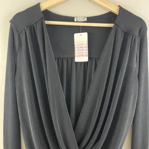 Free People Black Plunging V Neck Faux Wrap Long Sleeve Turnt Bodysuit NEW thumbnail 5