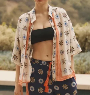 By Anthropologie Linen Blend Top MEDIUM Oversized Bohemian Button Printed Hippie thumbnail 3