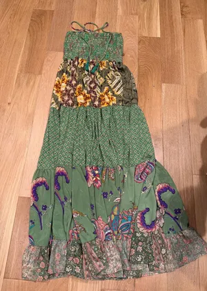 Karma Highway Green Floral‎ Patchwork Maxi Dress with Smocked Bodice tie neck OS thumbnail 1